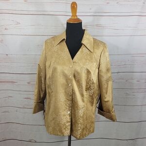 Kate Hill Gold 3/4 Sleeve Cuffed Button Down Collared Silk Line Blouse Size 14W